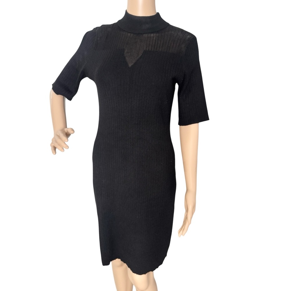 T TAHARI Mock Neck Sheer Yoke Ribbed Sweater Black Dress